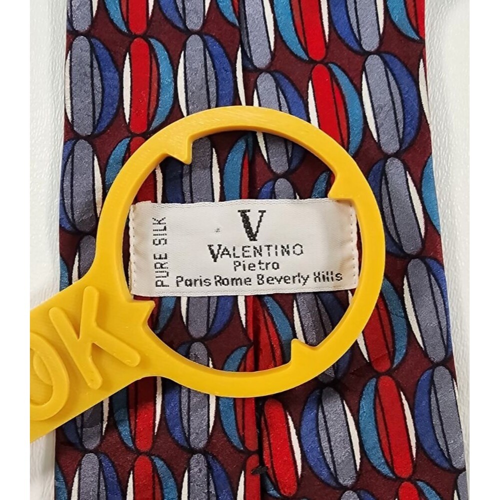 Vintage Valentino Pietro Mens Tie Pure Silk Geometric Pattern Red/Blue/Grey - Picture 3 of 7
